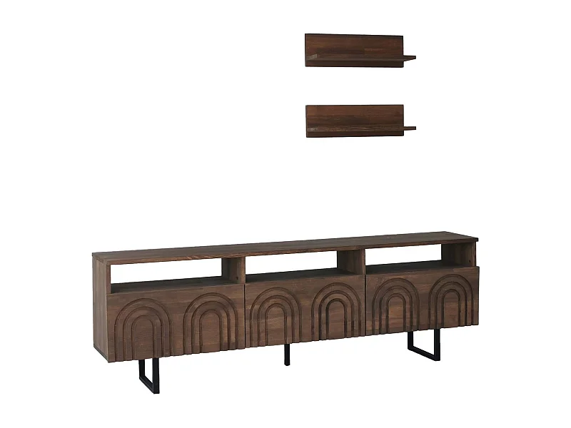 Ensemble meuble TV et 2 étagères murales Encanto Bois massif foncé Motif Arcs