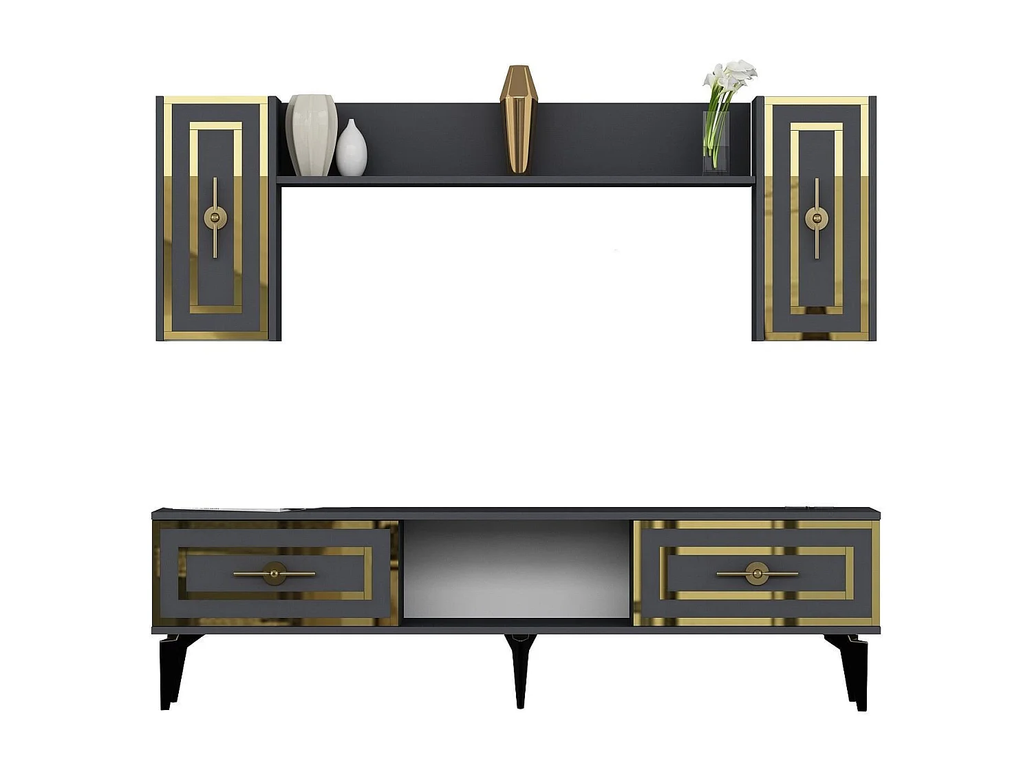 Ensemble meuble TV avec étagère murale Germin Anthracite