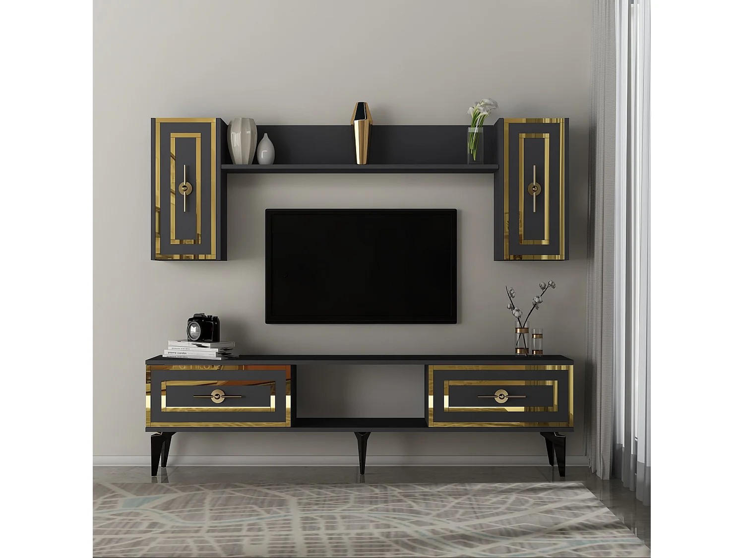 Ensemble meuble TV avec étagère murale Germin Anthracite