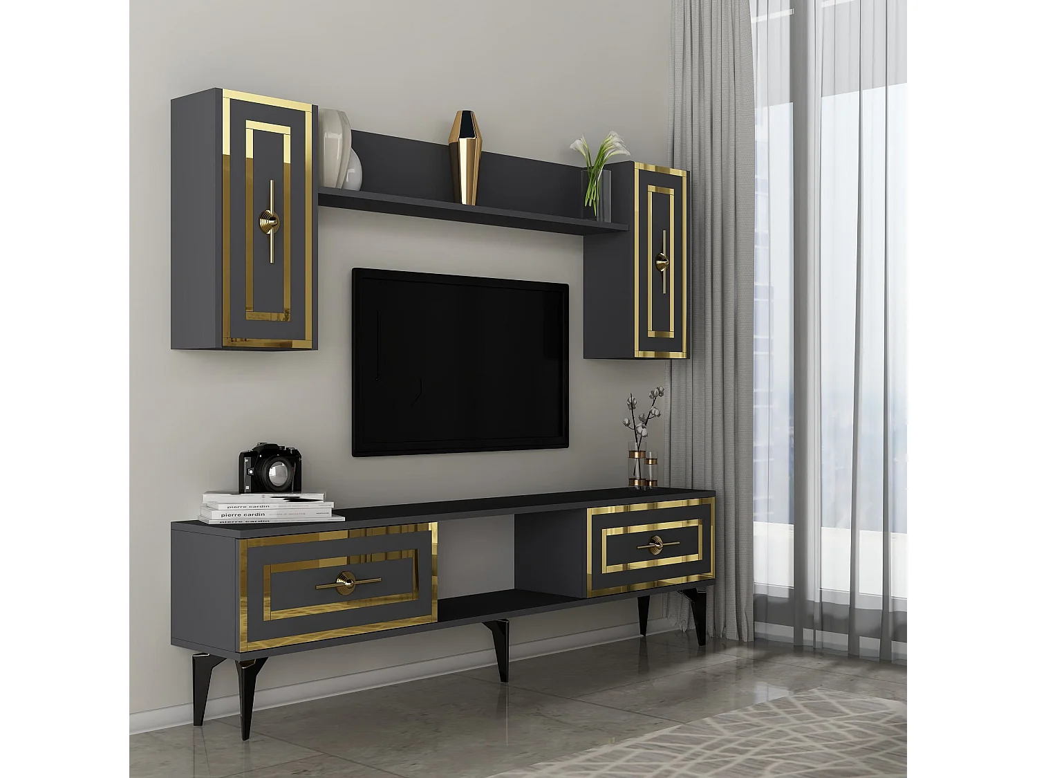 Ensemble meuble TV avec étagère murale Germin Anthracite