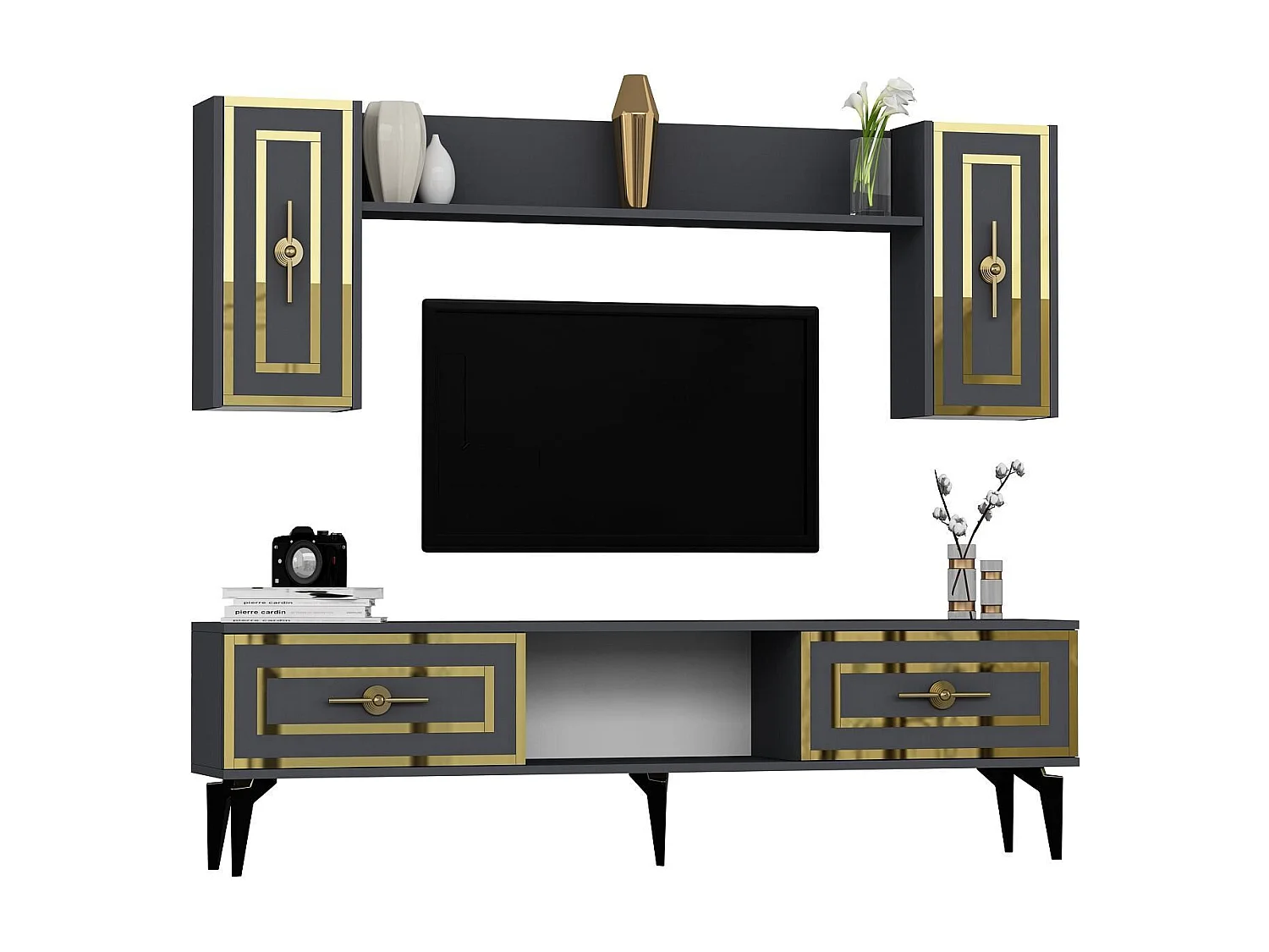 Ensemble meuble TV avec étagère murale Germin Anthracite