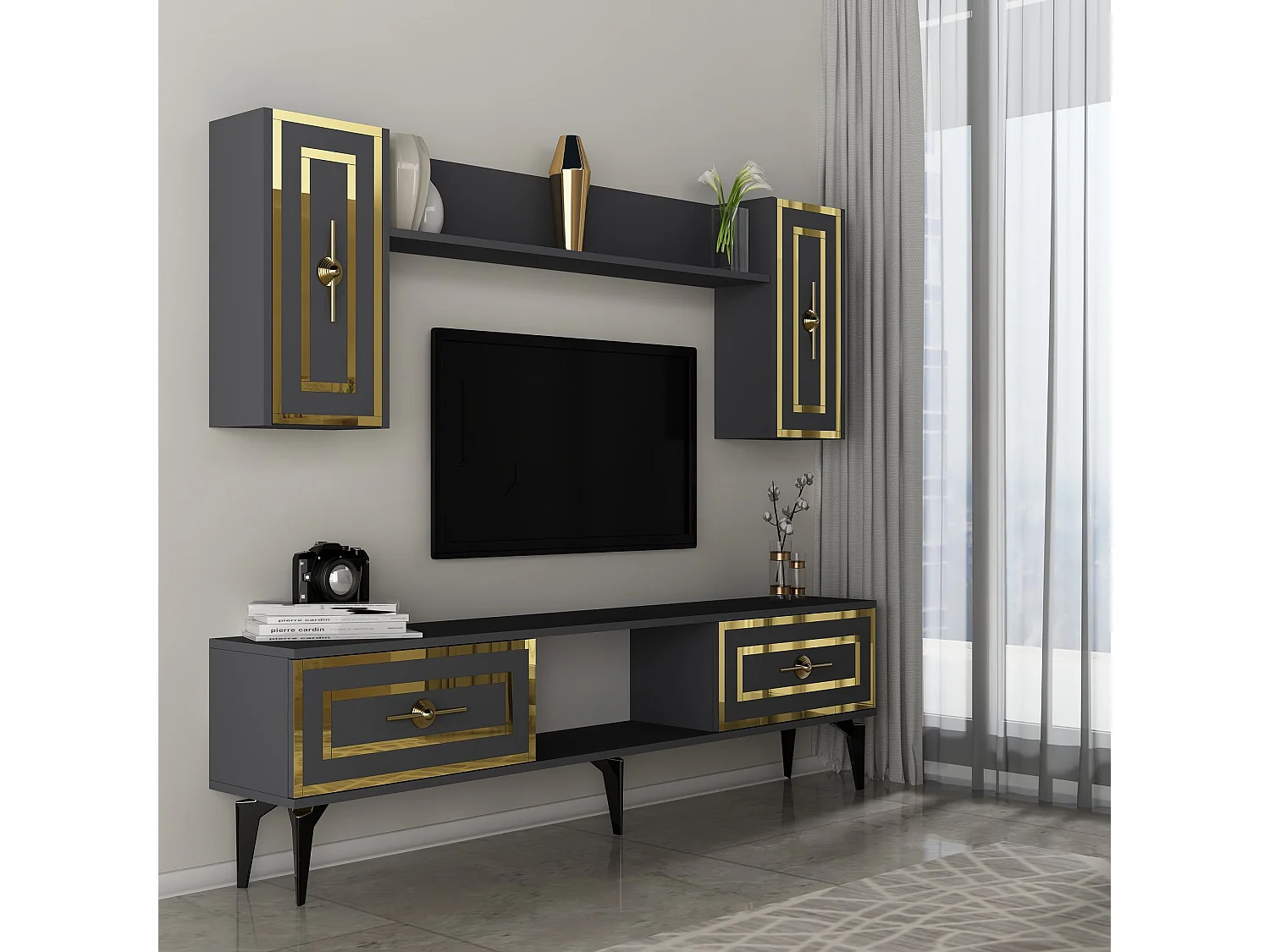 Ensemble meuble TV avec étagère murale Germin Anthracite