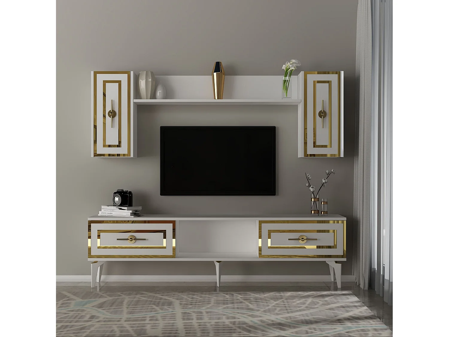Mobile TV – 150 cm x 44,6 cm x 29,6 cm – Bianco – Pannello truciolare