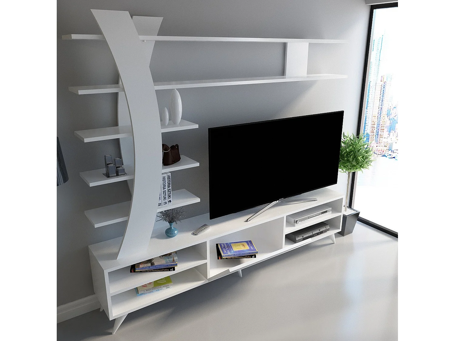 Mueble de TV moderno 180 cm x 162 cm x 29,5 cm – Blanco – Tablero de partículas revestido de melamina
