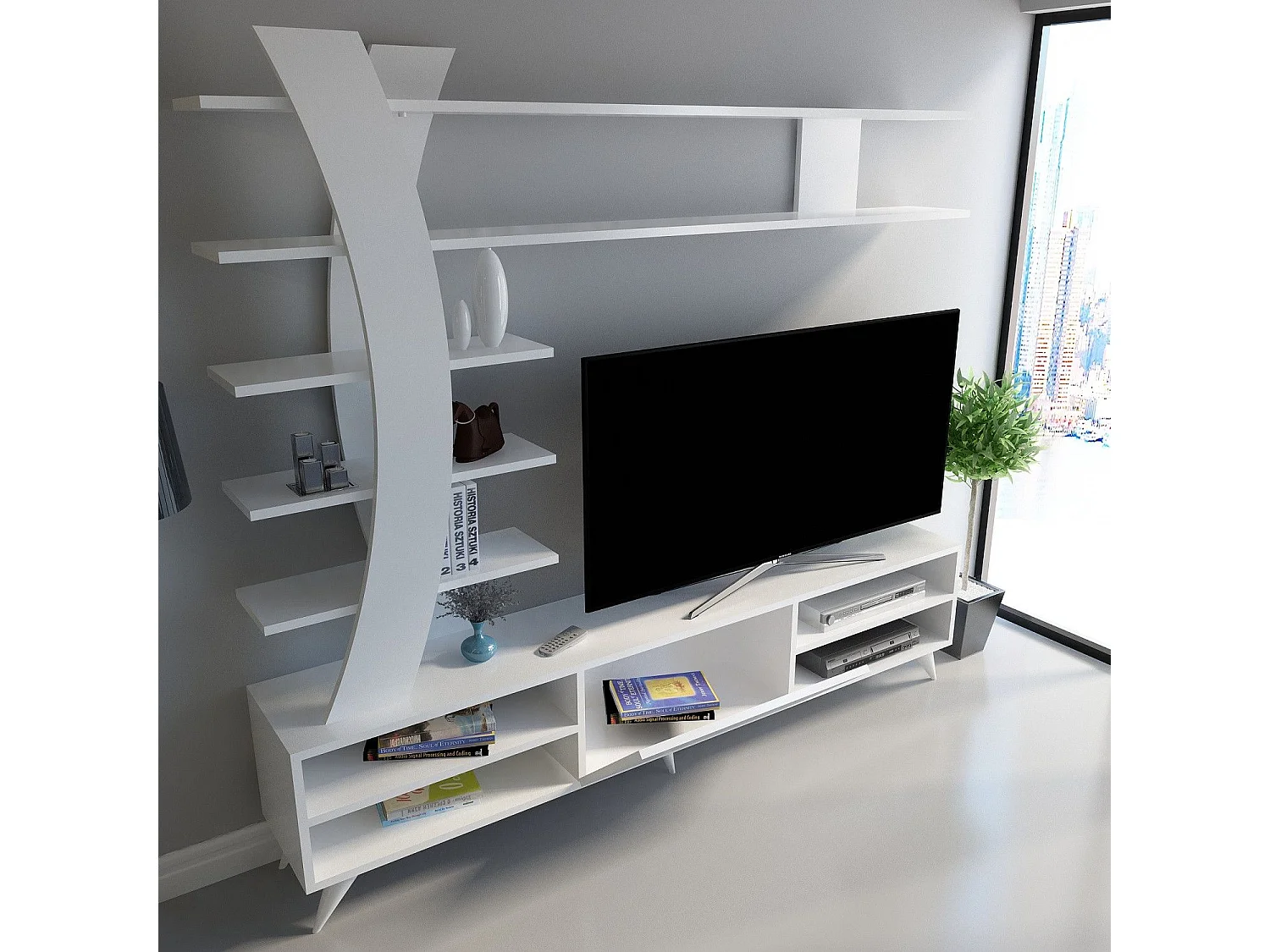 Mueble de TV moderno 180 cm x 162 cm x 29,5 cm – Blanco – Tablero de partículas revestido de melamina