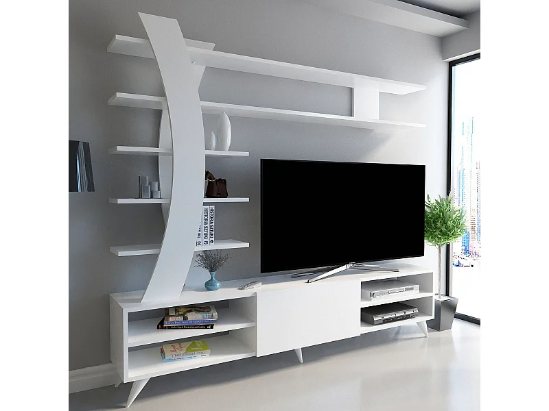 Nowoczesna szafka pod telewizor 180 cm x 162 cm x 29,5 cm – biała – płyta wiórowa pokryta melaminą