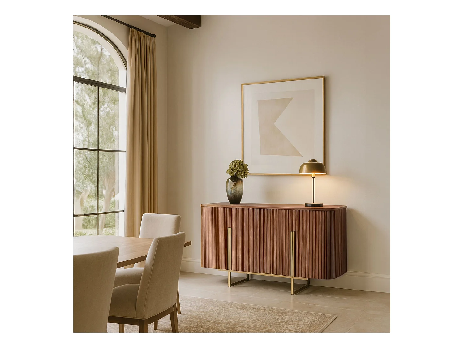 Now's Home - Bahut Deux Portes Effet Noyer Avec Pieds Metal Dore 140x40x76 Selma