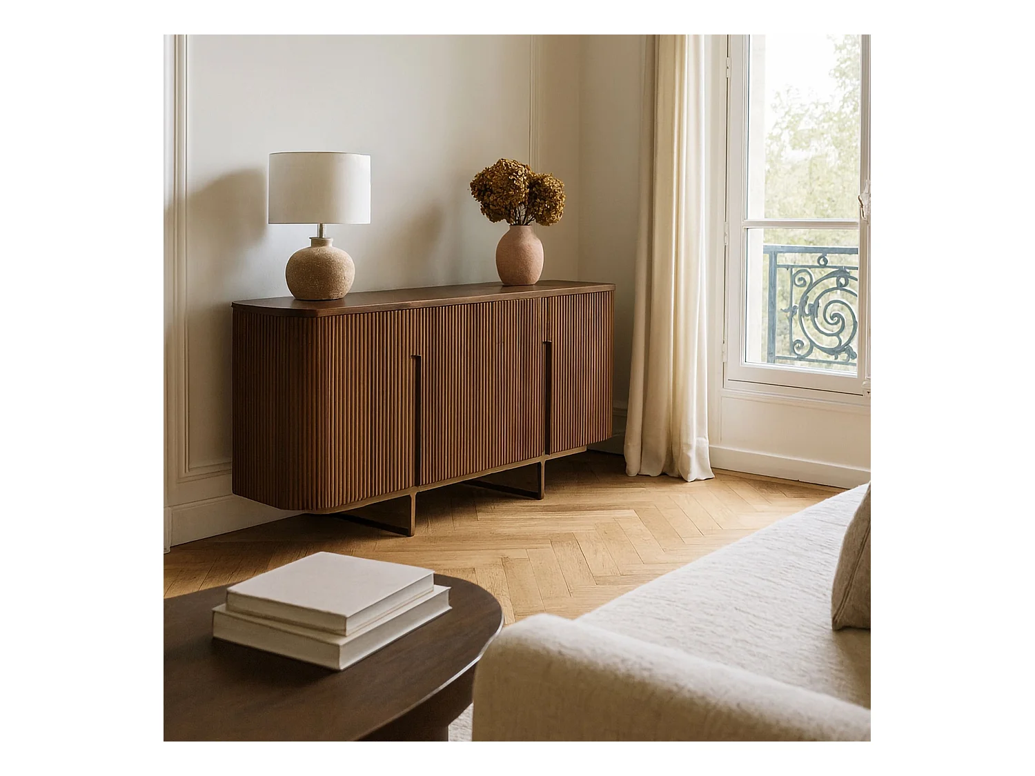 Now's Home - Bahut Deux Portes Effet Noyer Avec Pieds Metal Dore 140x40x76 Selma