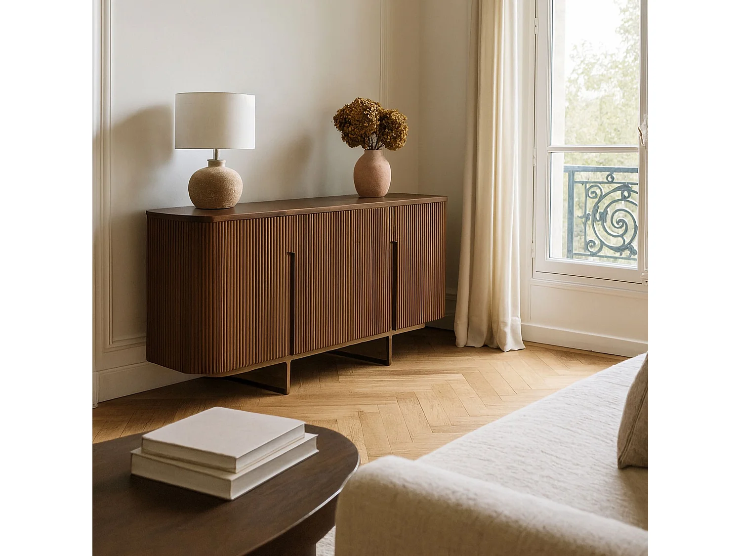 Now's Home - Bahut Deux Portes Effet Noyer Avec Pieds Metal Dore Selma