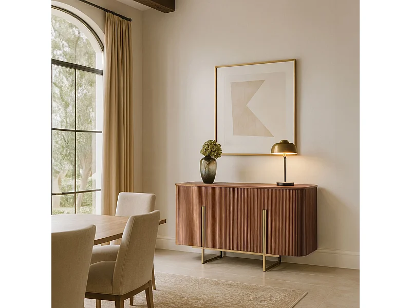 Now's Home - Bahut Deux Portes Effet Noyer Avec Pieds Metal Dore 140x40x76 Selma