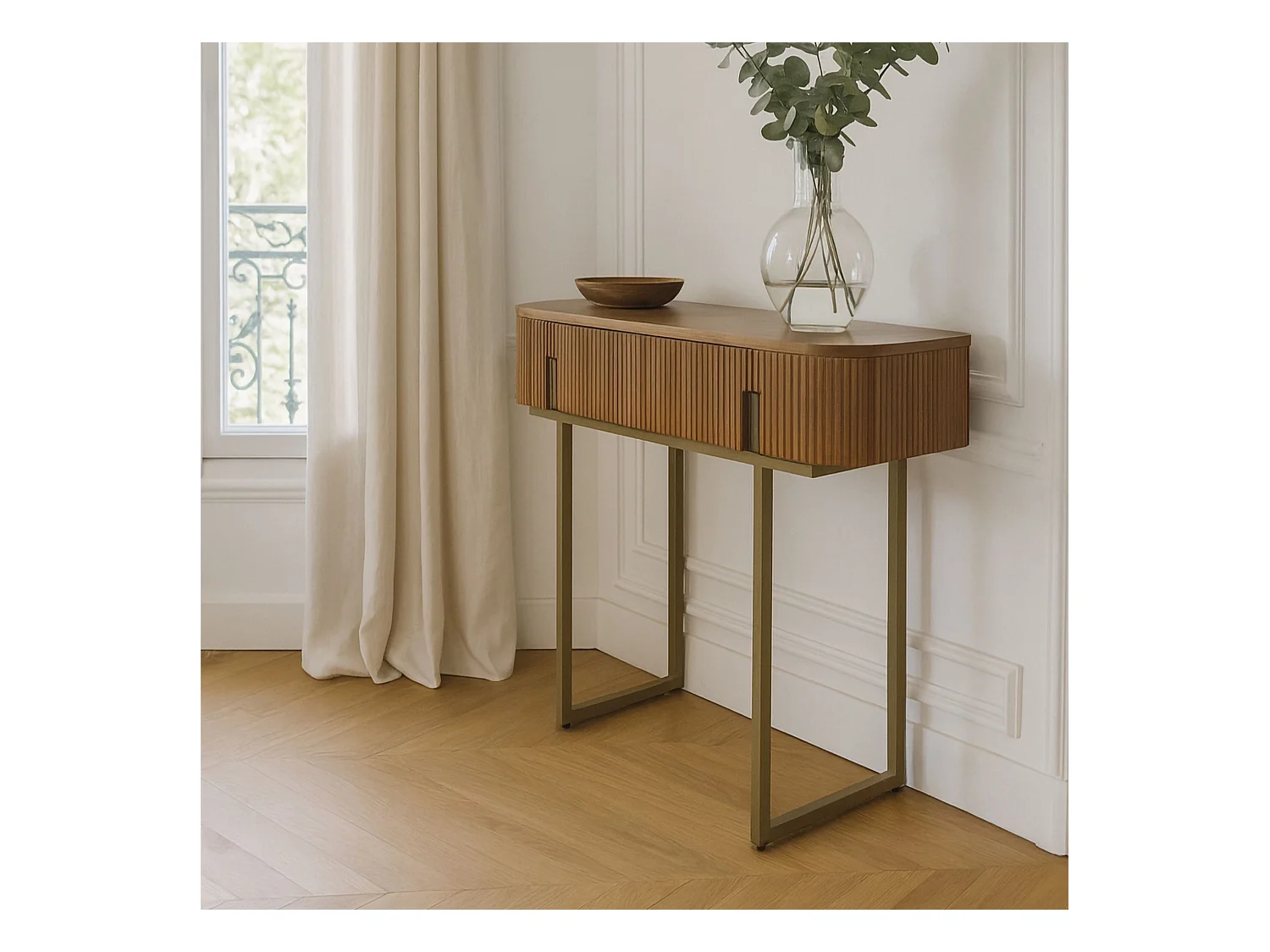 Now's Home - Console  Effet Noyer Avec Pieds En Metal Dore 80x35x80cm Selma
