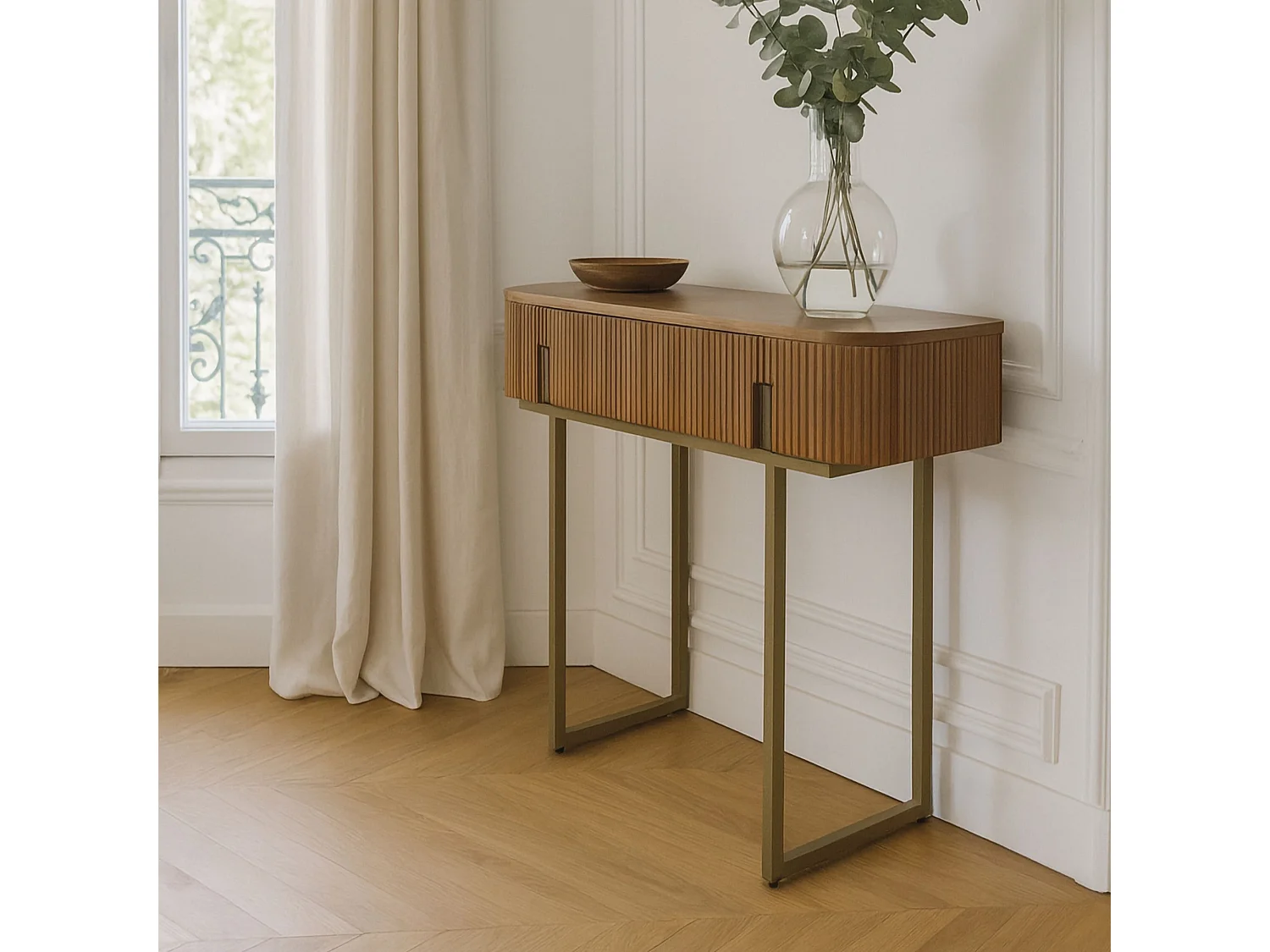 Now's Home - Console  Effet Noyer Avec Pieds En Metal Dore 80x35x80cm Selma
