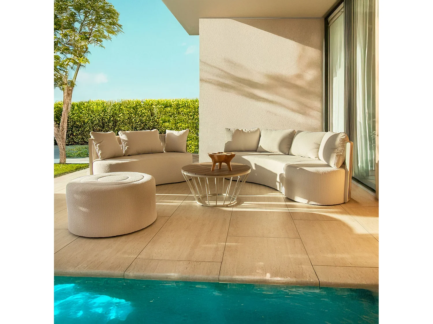 Now's Home - Salon De Jardin Avec Canape Pouf+tble Basse Aluminium Sable Bellagio