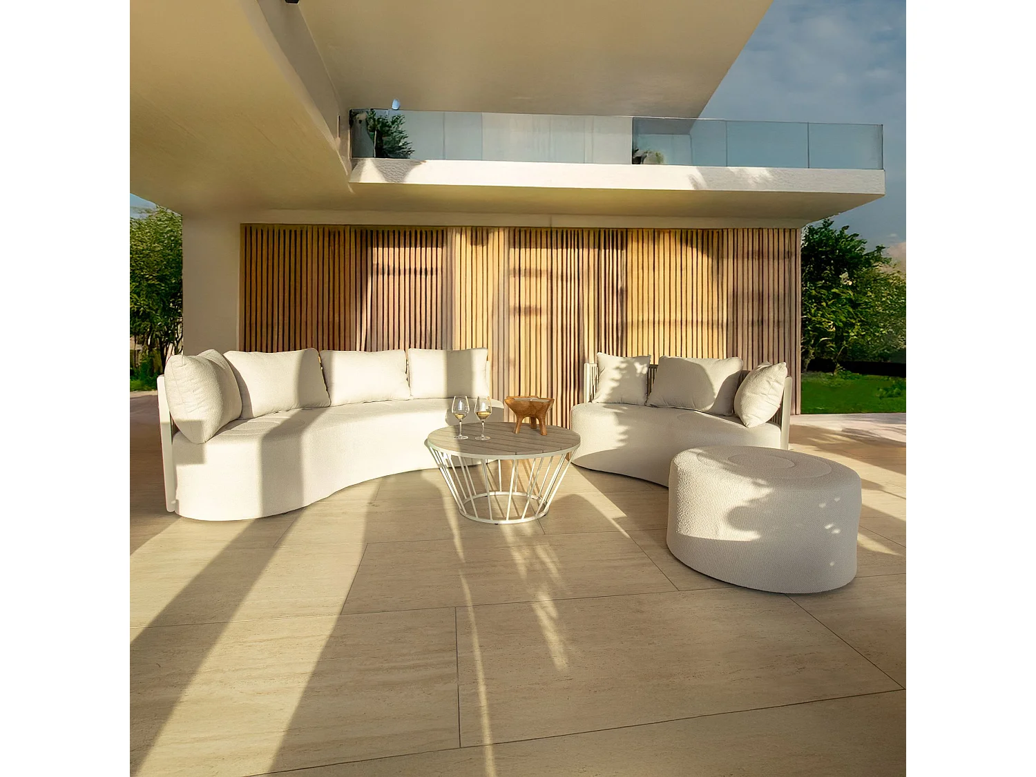 Now's Home - Salon De Jardin Avec Canape Pouf+tble Basse Aluminium Sable Bellagio