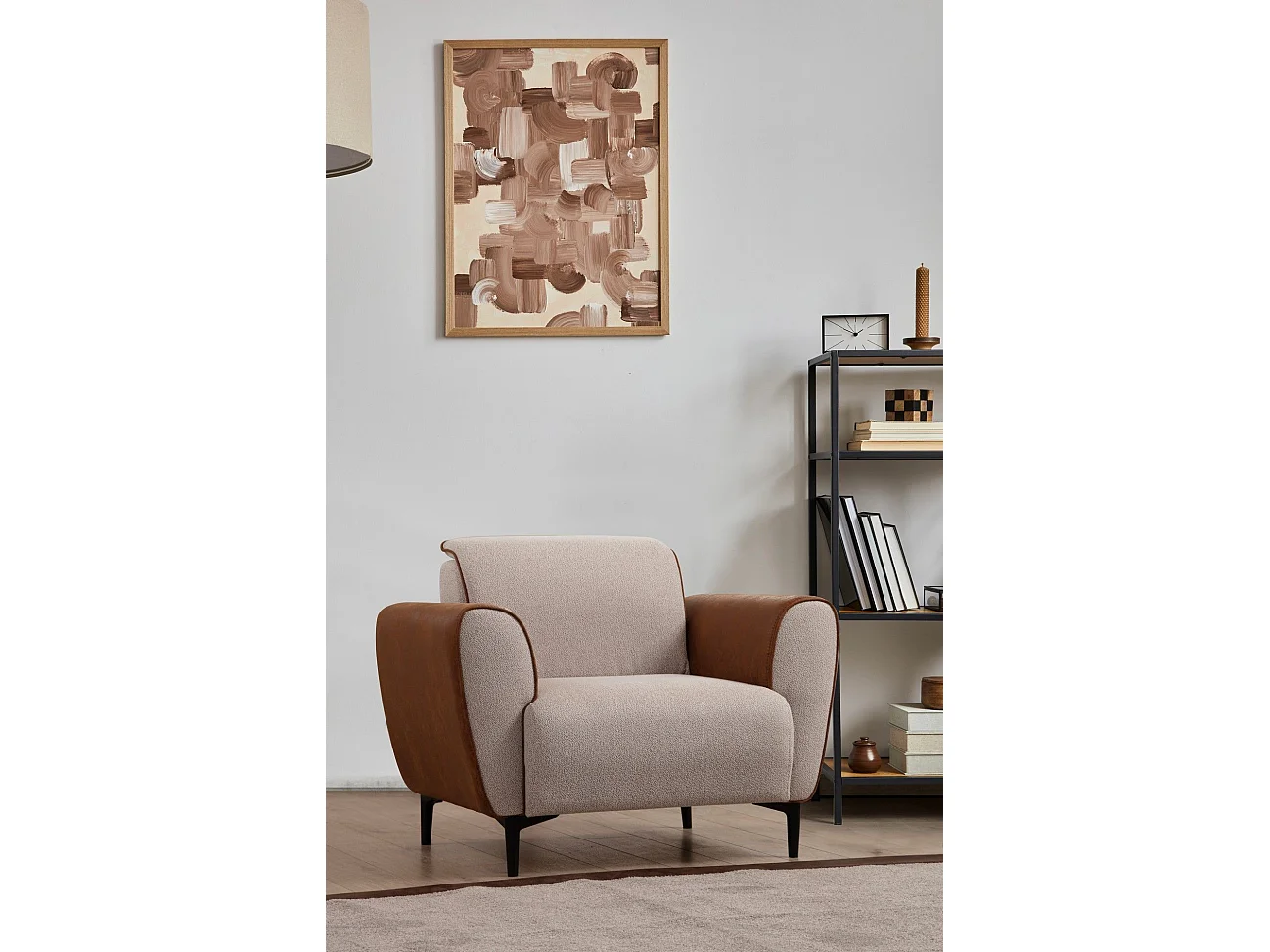 Elegante 1-zits fauteuil, beige en kaneel, 100x85x85 cm | Frame van beukenhout en spaanplaat, 100% polyester, zachte schuimkussens | Tec