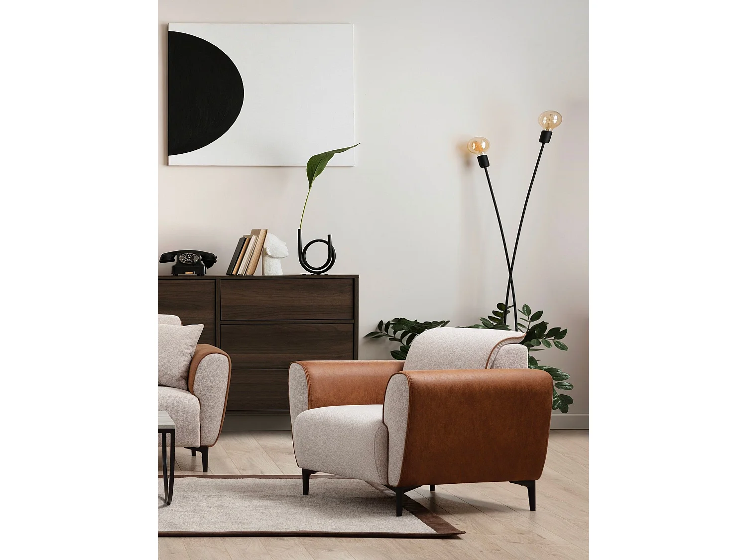 Elegante 1-zits fauteuil, beige en kaneel, 100x85x85 cm | Frame van beukenhout en spaanplaat, 100% polyester, zachte schuimkussens | Tec