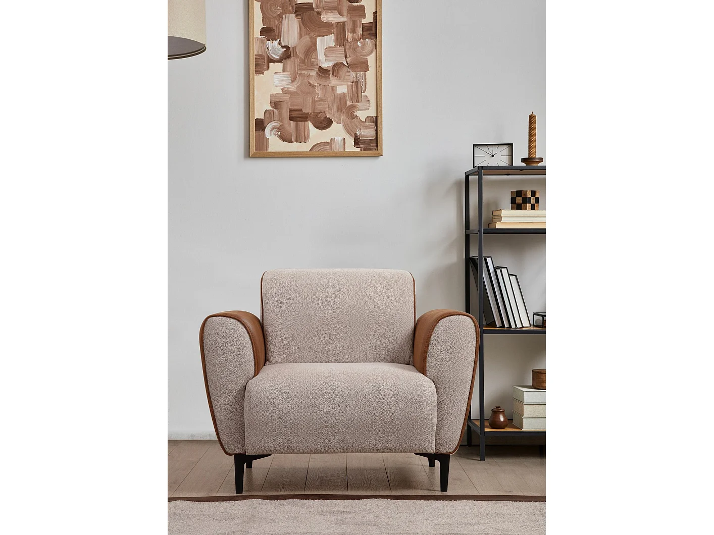 Elegante 1-zits fauteuil, beige en kaneel, 100x85x85 cm | Frame van beukenhout en spaanplaat, 100% polyester, zachte schuimkussens | Tec