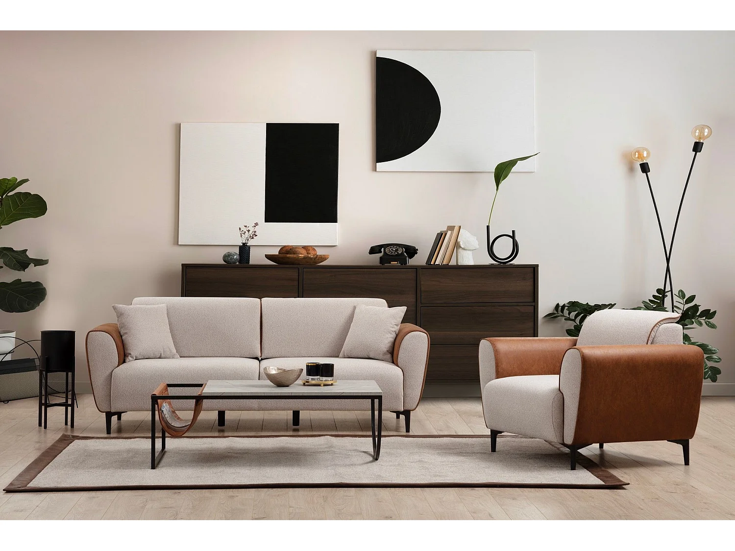 Elegante 1-zits fauteuil, beige en kaneel, 100x85x85 cm | Frame van beukenhout en spaanplaat, 100% polyester, zachte schuimkussens | Tec