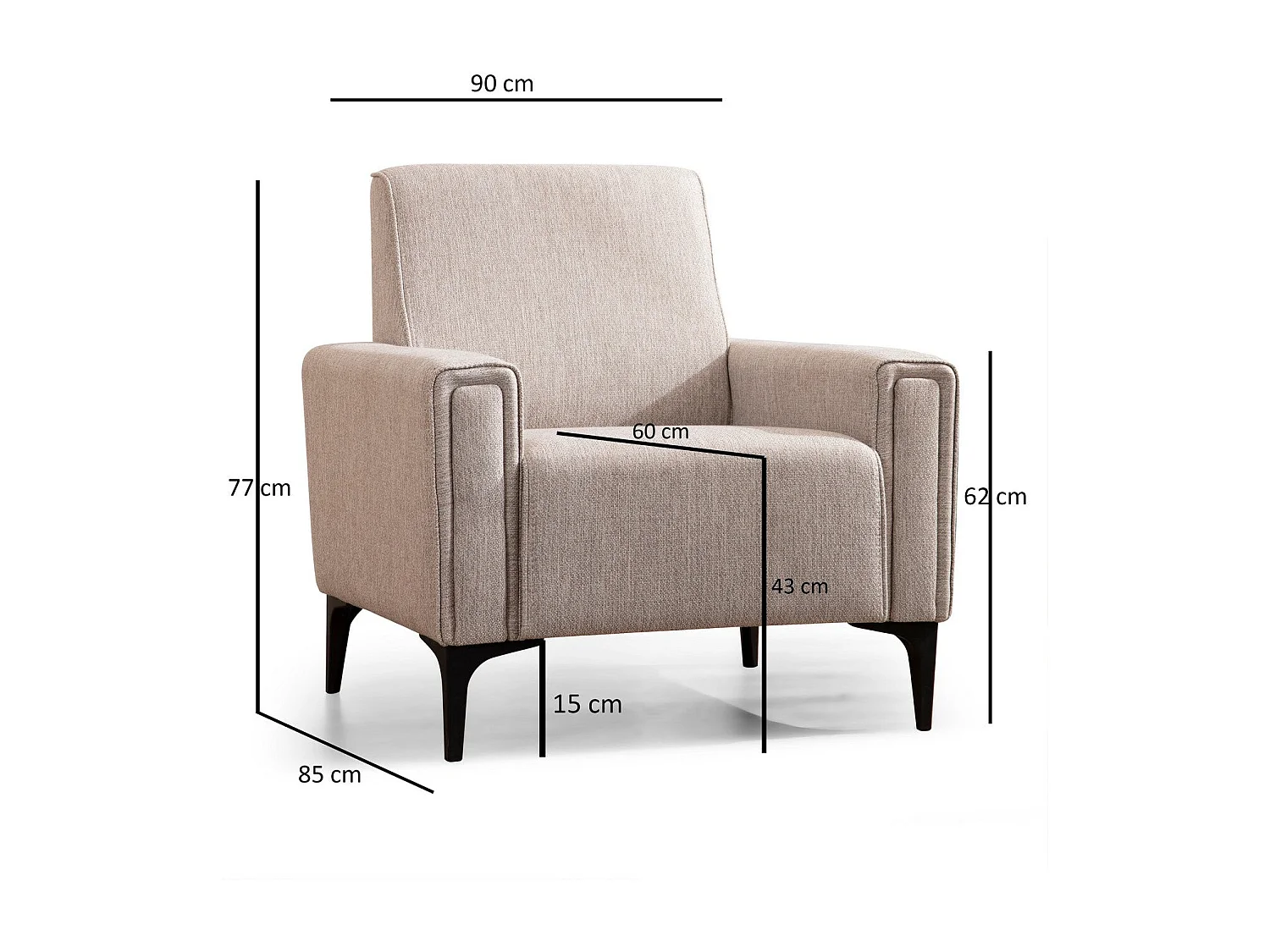 Elegancki fotel 1-osobowy, jasnobrązowy, 90 x 85 x 77 cm | Stelaż z drewna bukowego i płyty wiórowej, tkanina 100% poliester | Poduszki piankowe