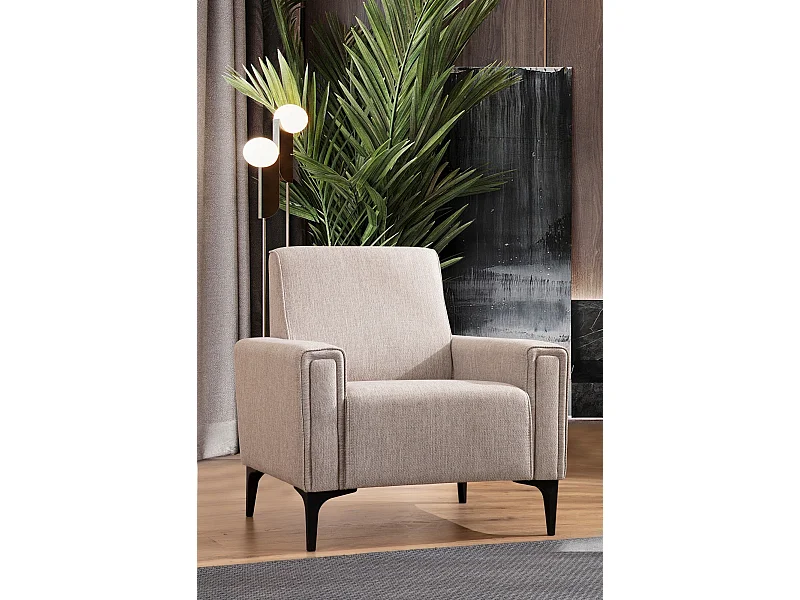 Elegancki fotel 1-osobowy, jasnobrązowy, 90 x 85 x 77 cm | Stelaż z drewna bukowego i płyty wiórowej, tkanina 100% poliester | Poduszki piankowe