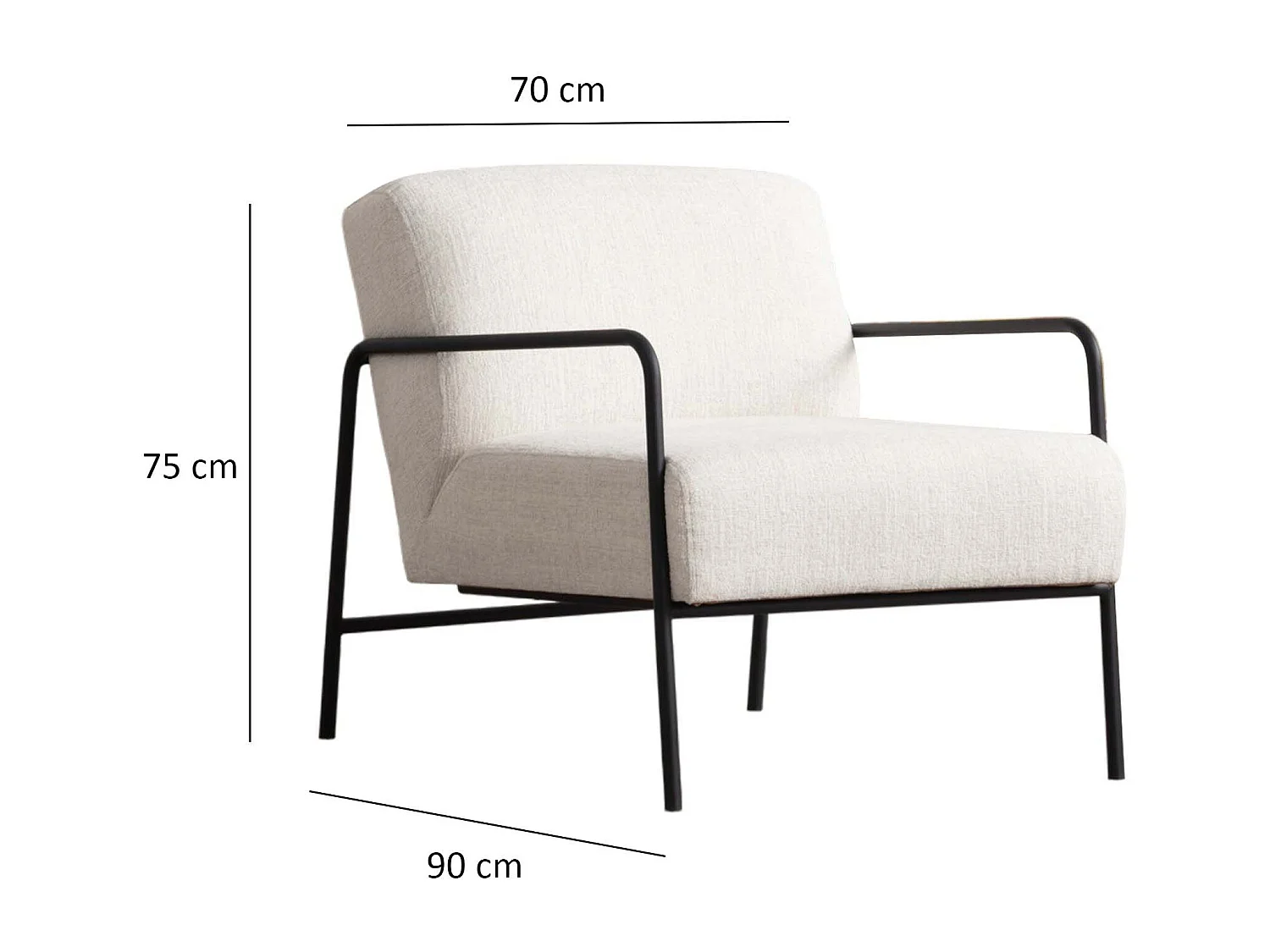 Elegante fauteuil, wit, 70 x 90 x 75 cm | Frame van beukenhout en spaanplaat, 100% polyester, zachte schuimkussens | Zwarte metalen poten