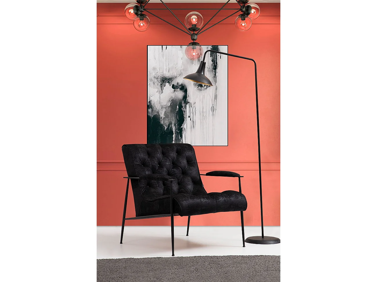 Stijlvolle oorfauteuil, zwart, 75 x 80 x 85 cm | Frame van beukenhout en spaanplaat, 100% polyester, kussens van zacht schuim en veren |