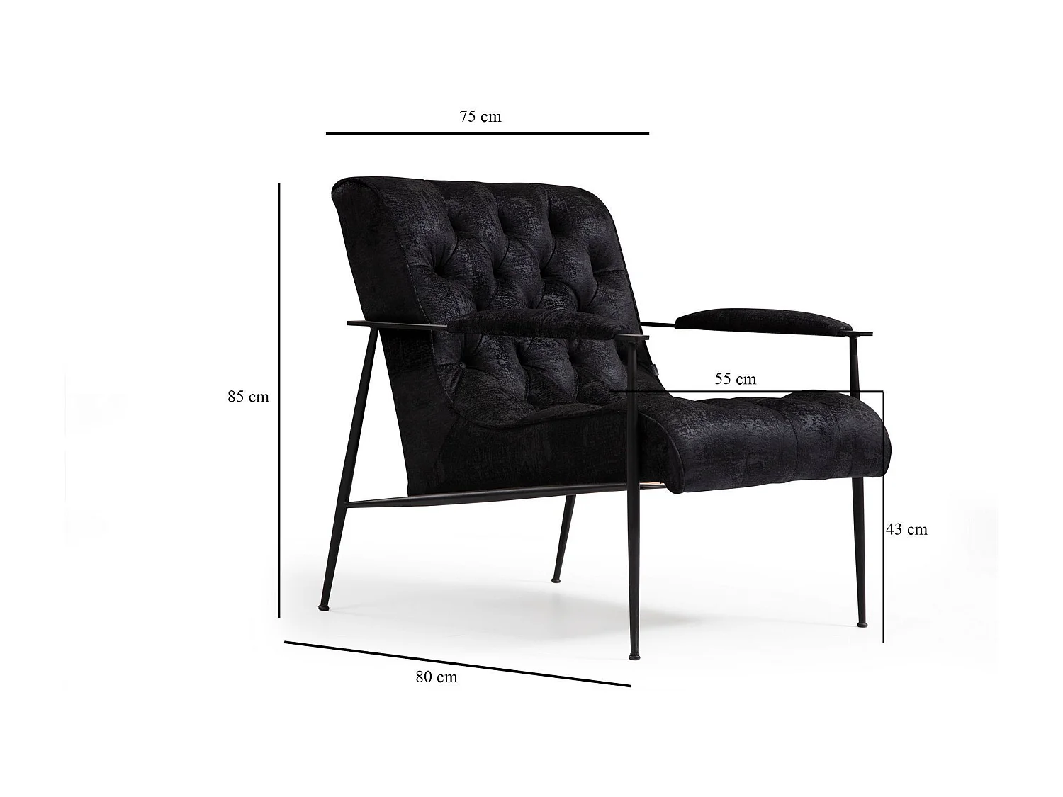 Stijlvolle oorfauteuil, zwart, 75 x 80 x 85 cm | Frame van beukenhout en spaanplaat, 100% polyester, kussens van zacht schuim en veren |