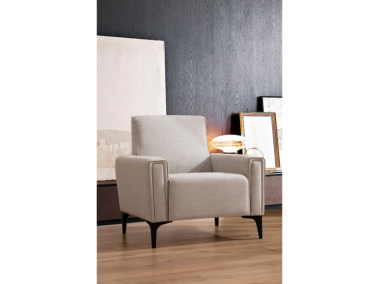 Elegante fauteuil met één zitplaats, ecru, 90 x 85 x 77 cm | Frame van beukenhout en spaanplaat, stof van 100% polyester | Kussens van zacht