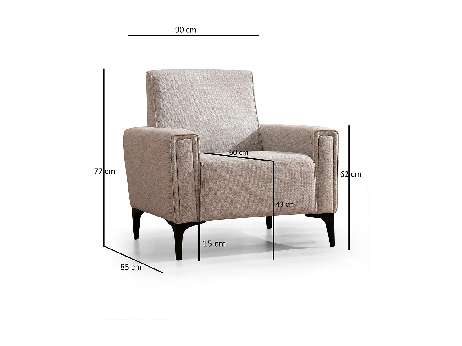 Elegante fauteuil met één zitplaats, ecru, 90 x 85 x 77 cm | Frame van beukenhout en spaanplaat, stof van 100% polyester | Kussens van zacht