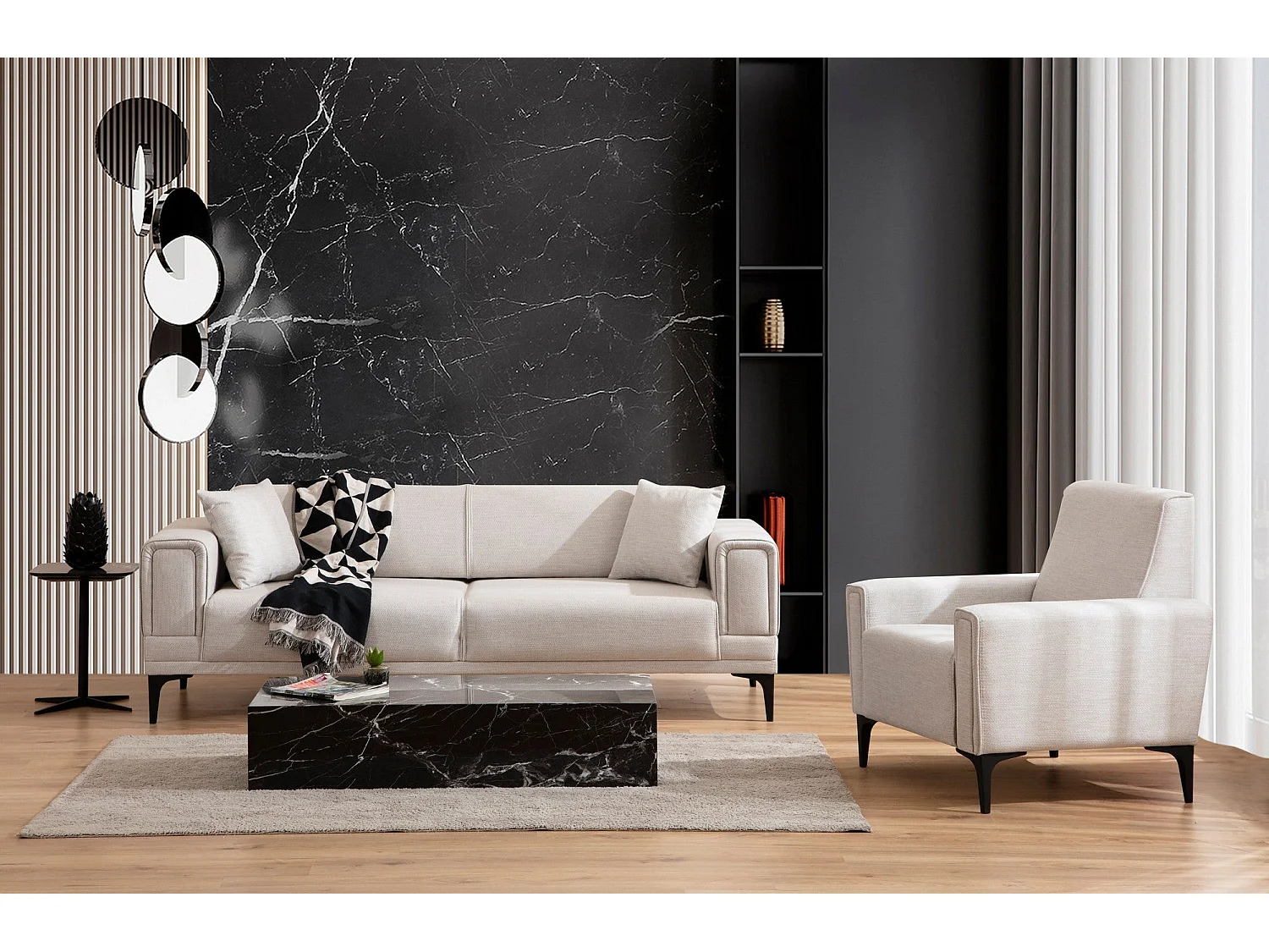 Elegante fauteuil met één zitplaats, ecru, 90 x 85 x 77 cm | Frame van beukenhout en spaanplaat, stof van 100% polyester | Kussens van zacht