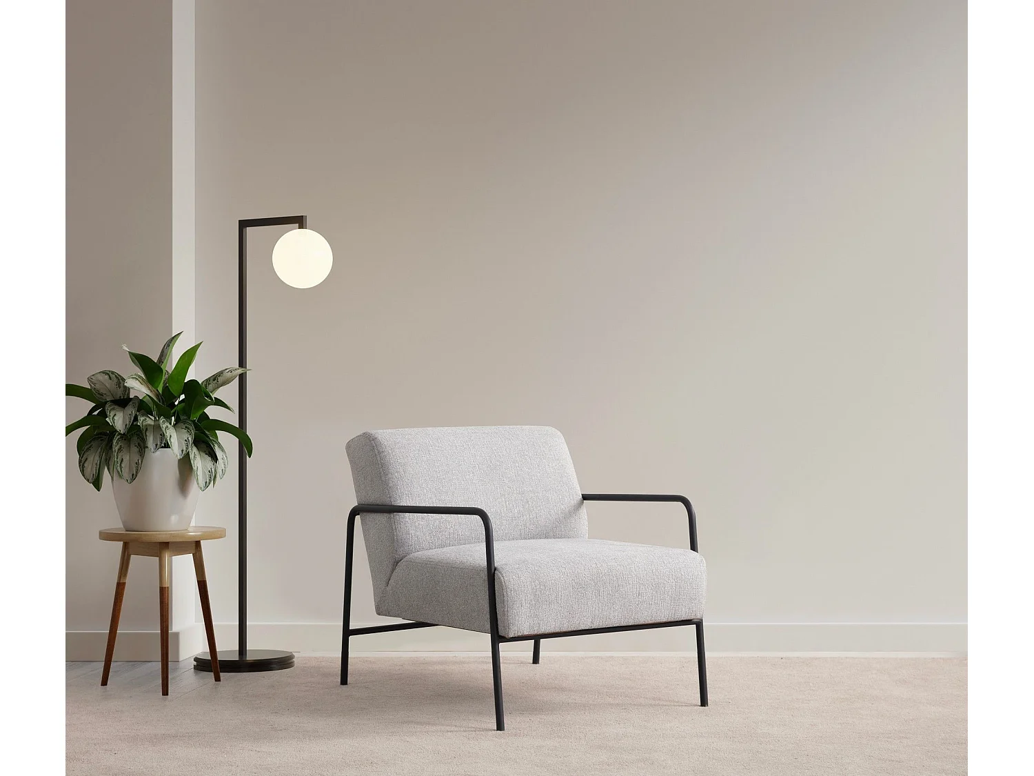 Stijlvolle oorfauteuil, grijze stof, 70 x 90 x 75 cm | Frame van beukenhout en spaanplaat, poten van zwart metaal | Kussens van schuimrubber