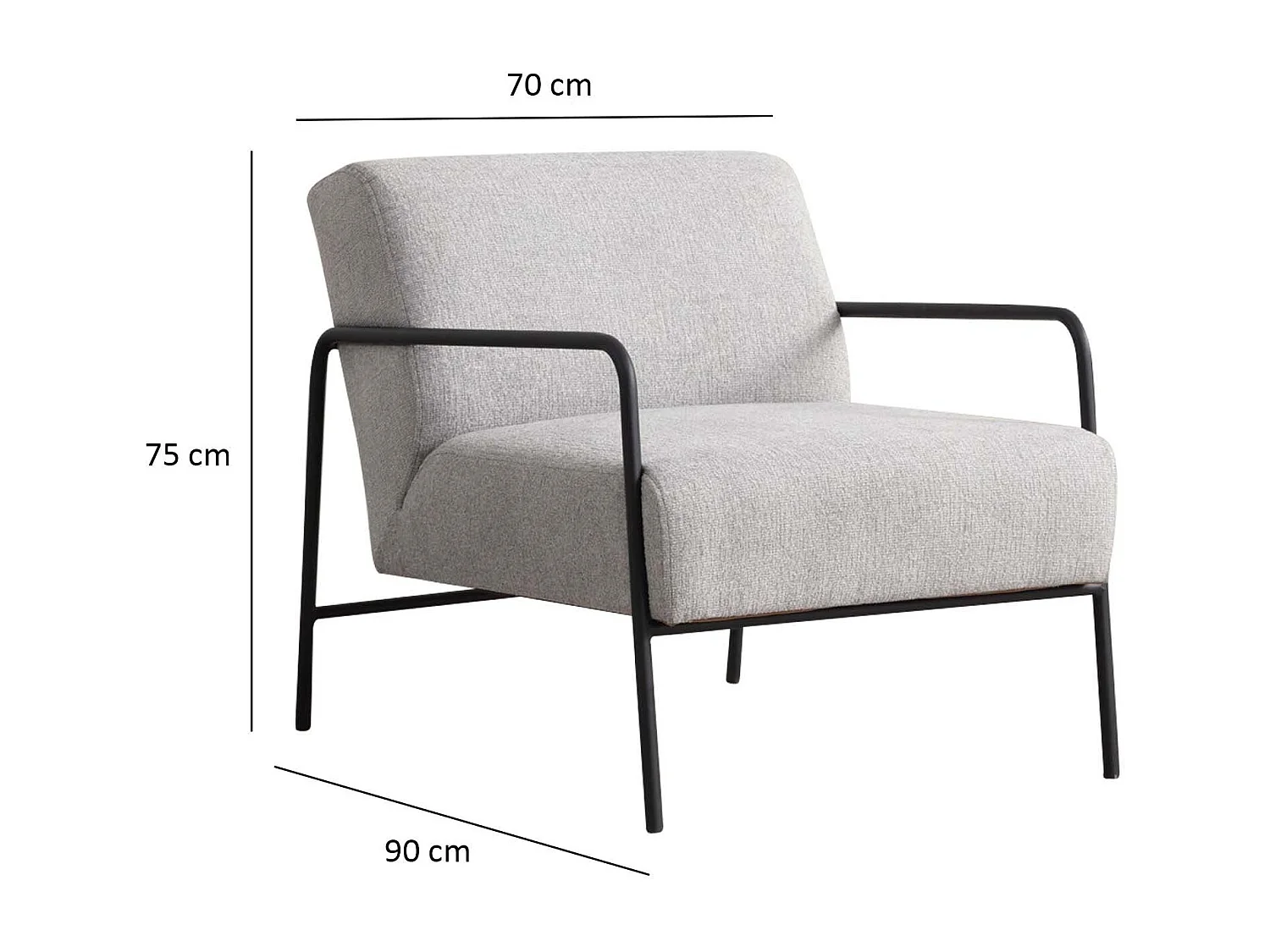 Stijlvolle oorfauteuil, grijze stof, 70 x 90 x 75 cm | Frame van beukenhout en spaanplaat, poten van zwart metaal | Kussens van schuimrubber