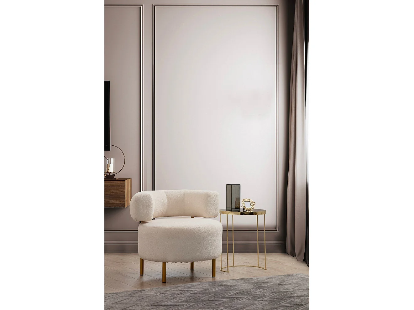 Elegante fauteuil, wit, 76 x 85 x 80 cm | Frame van beukenhout en spaanplaat, 100% polyester, poten van goudkleurig metaal | Kussen