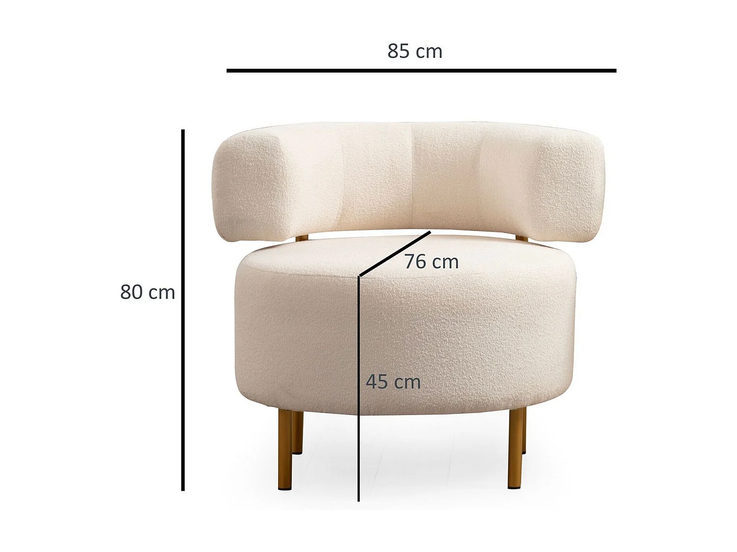 Elegante fauteuil, wit, 76 x 85 x 80 cm | Frame van beukenhout en spaanplaat, 100% polyester, poten van goudkleurig metaal | Kussen