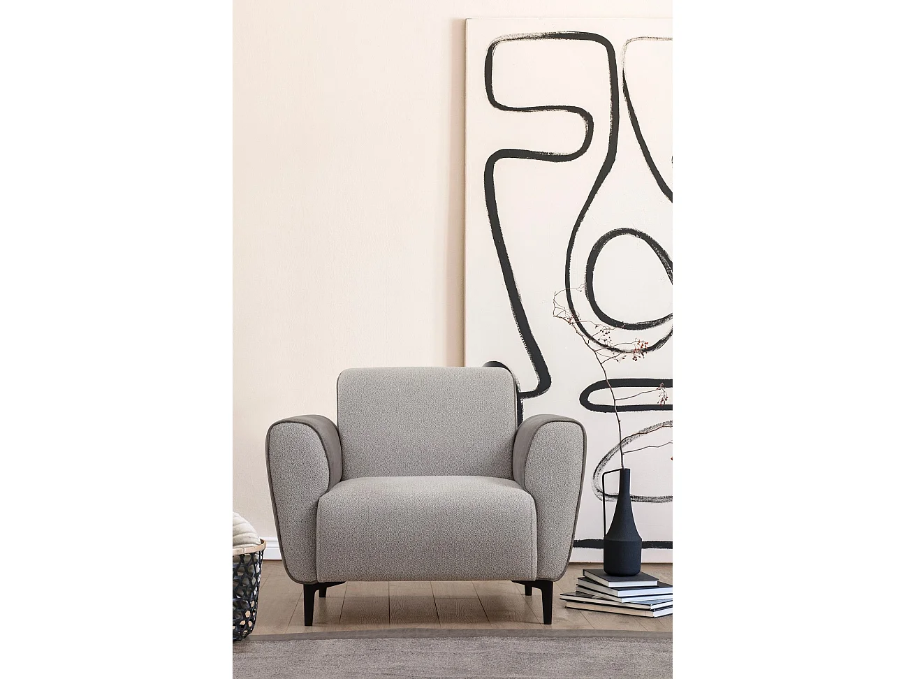 Elegancki fotel 1-osobowy, szary, 100 cm | Stelaż z drewna bukowego i płyty wiórowej, tkanina 100% poliester | Miękkie poduszki piankowe, łatwe do czyszczenia