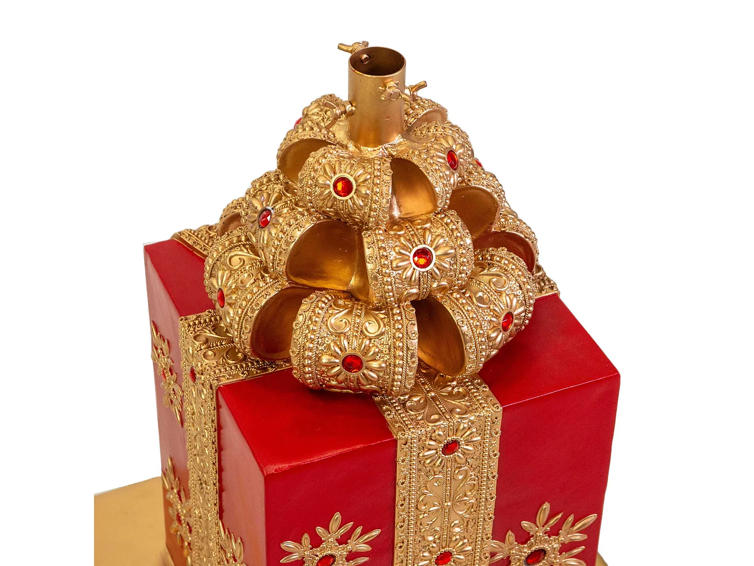 Base albero in  resina , forma pacco regalo oro e rosso cm45x4h56