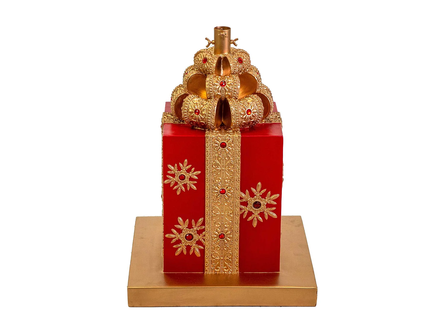 Base albero in  resina , forma pacco regalo oro e rosso cm45x4h56
