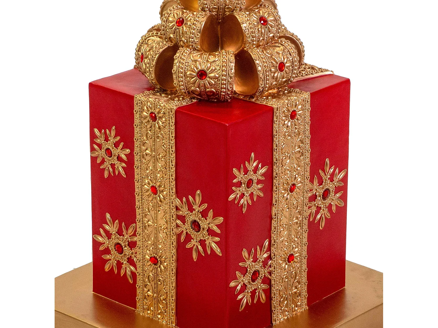 Base albero in  resina , forma pacco regalo oro e rosso cm45x4h56