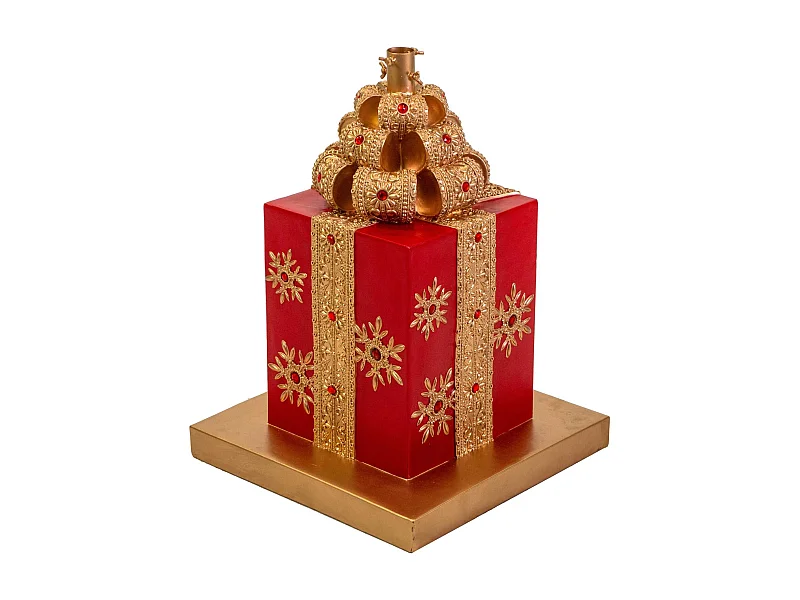 Base albero in  resina , forma pacco regalo oro e rosso cm45x4h56