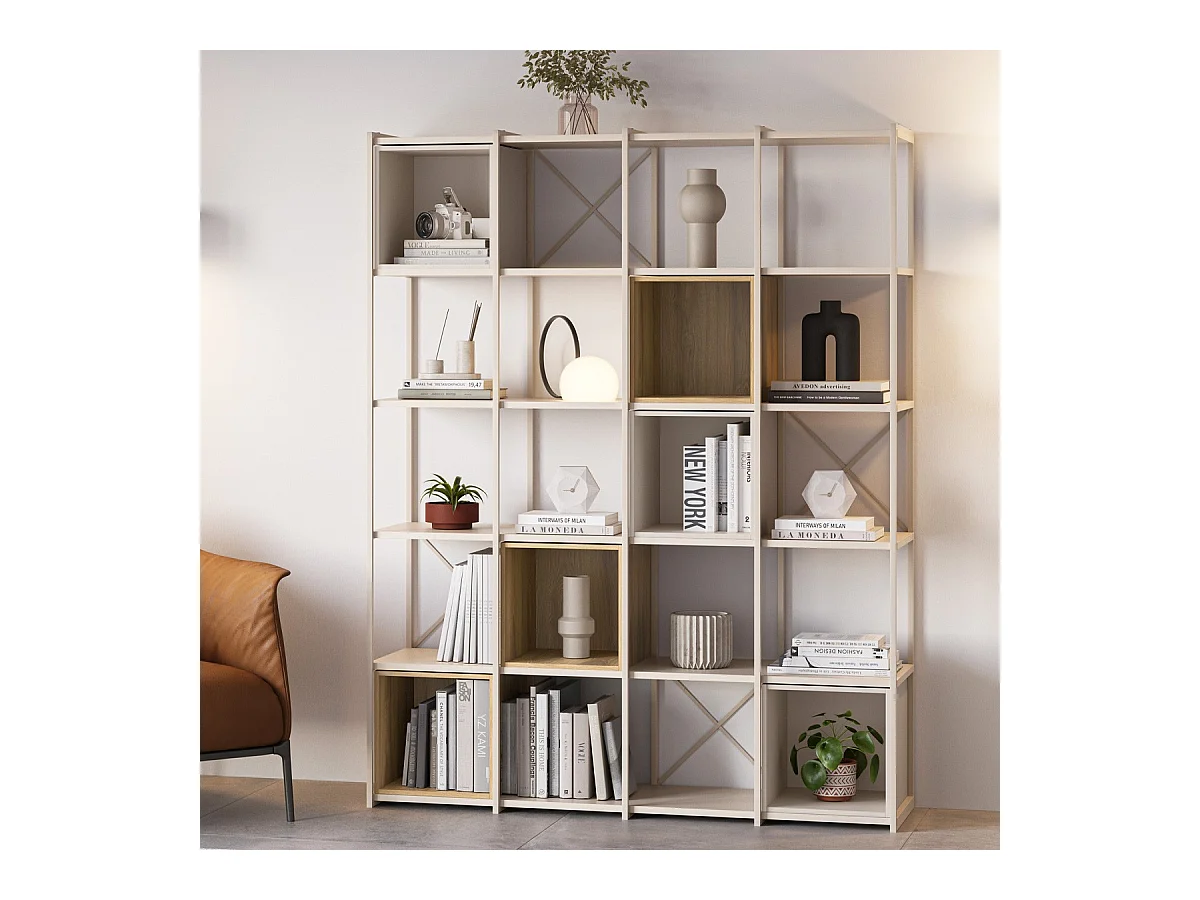 Bibliothèque 5 niveaux en métal beige et décor bois 140 cm - Elie