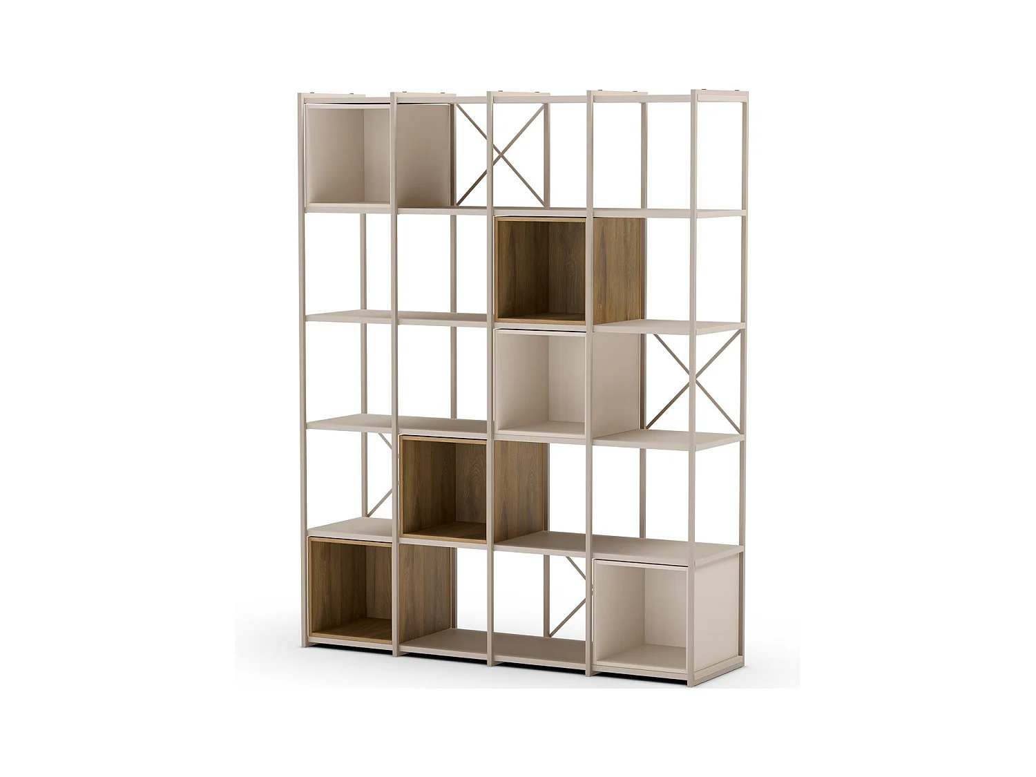 Bibliothèque 5 niveaux en métal beige et décor bois 140 cm - Elie