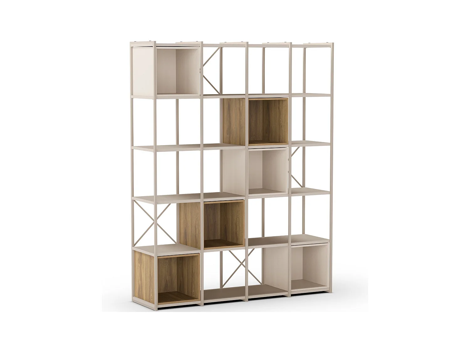 Bibliothèque 5 niveaux en métal beige et décor bois 140 cm - Elie