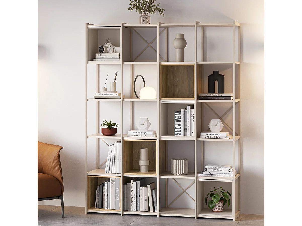 Bibliothèque 5 niveaux en métal beige et décor bois 140 cm - Elie