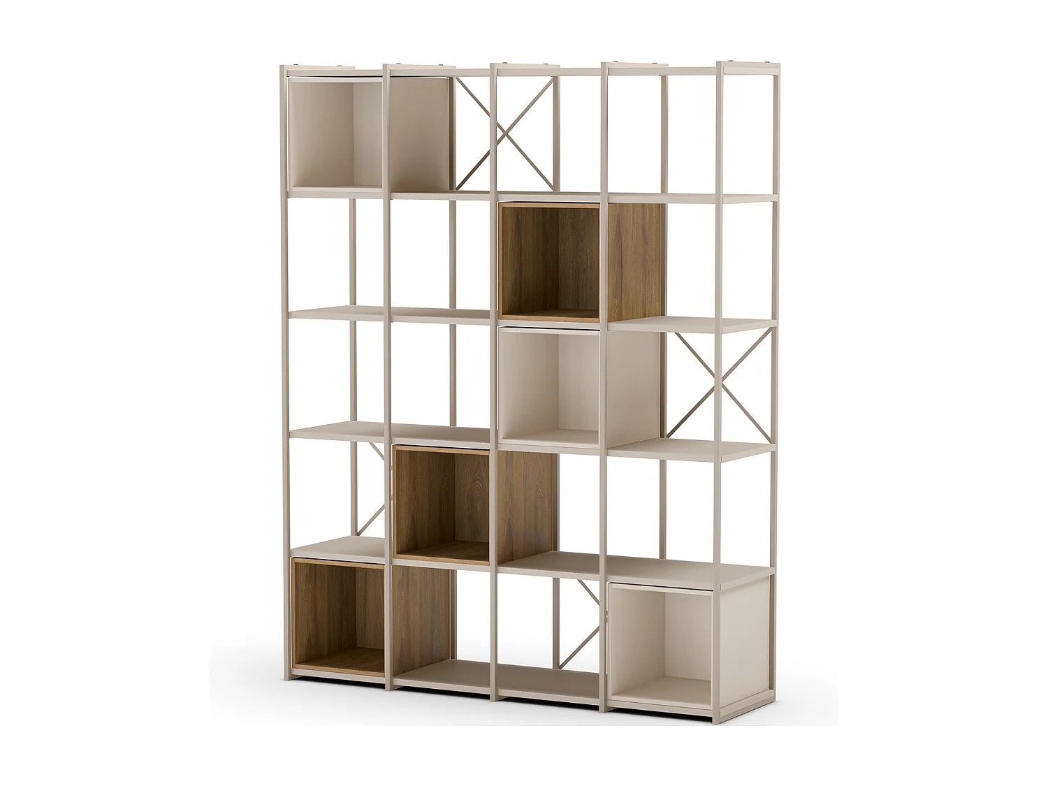 Bibliothèque 5 niveaux en métal beige et décor bois 140 cm - Elie