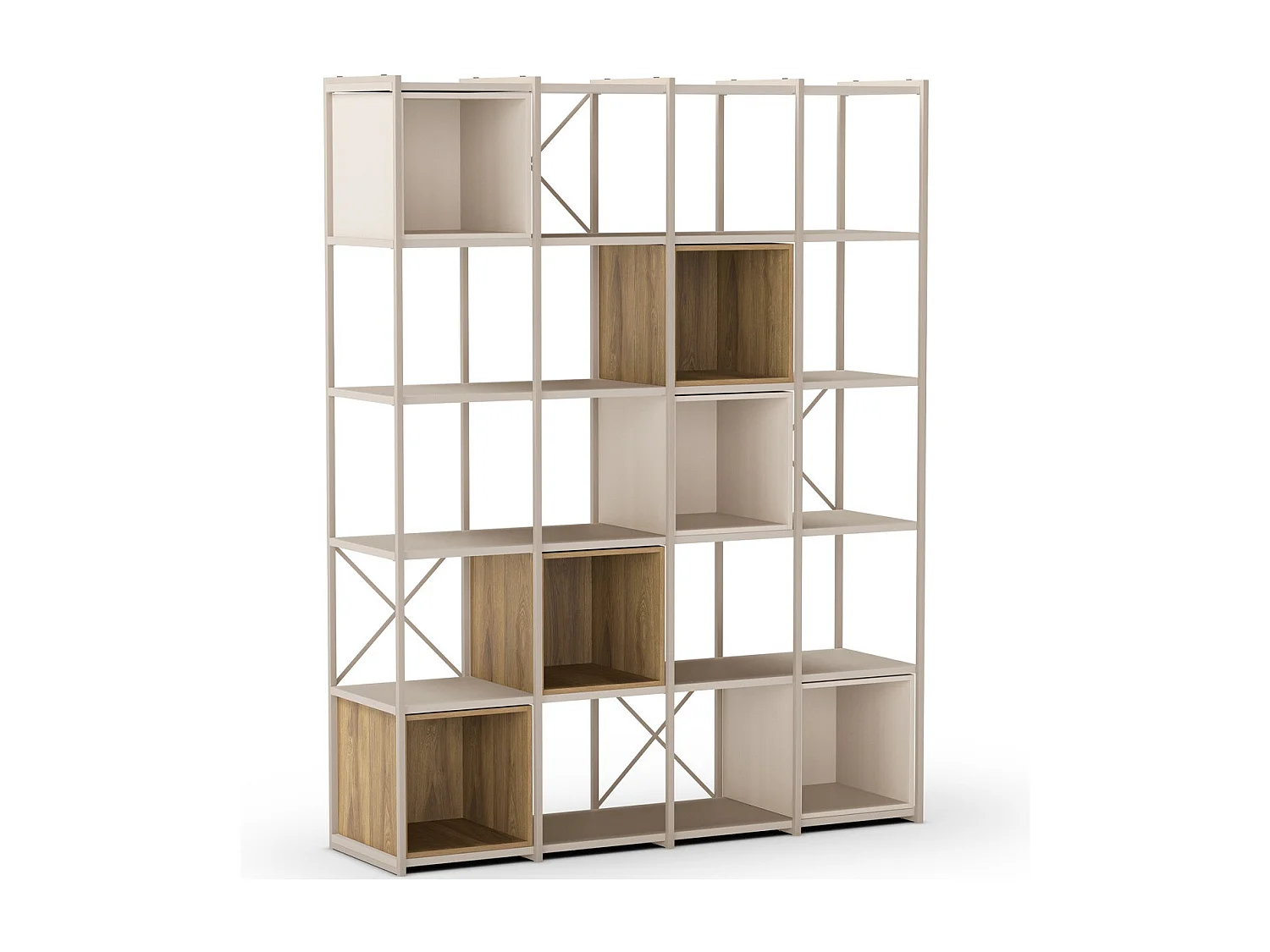 Bibliothèque 5 niveaux en métal beige et décor bois 140 cm - Elie