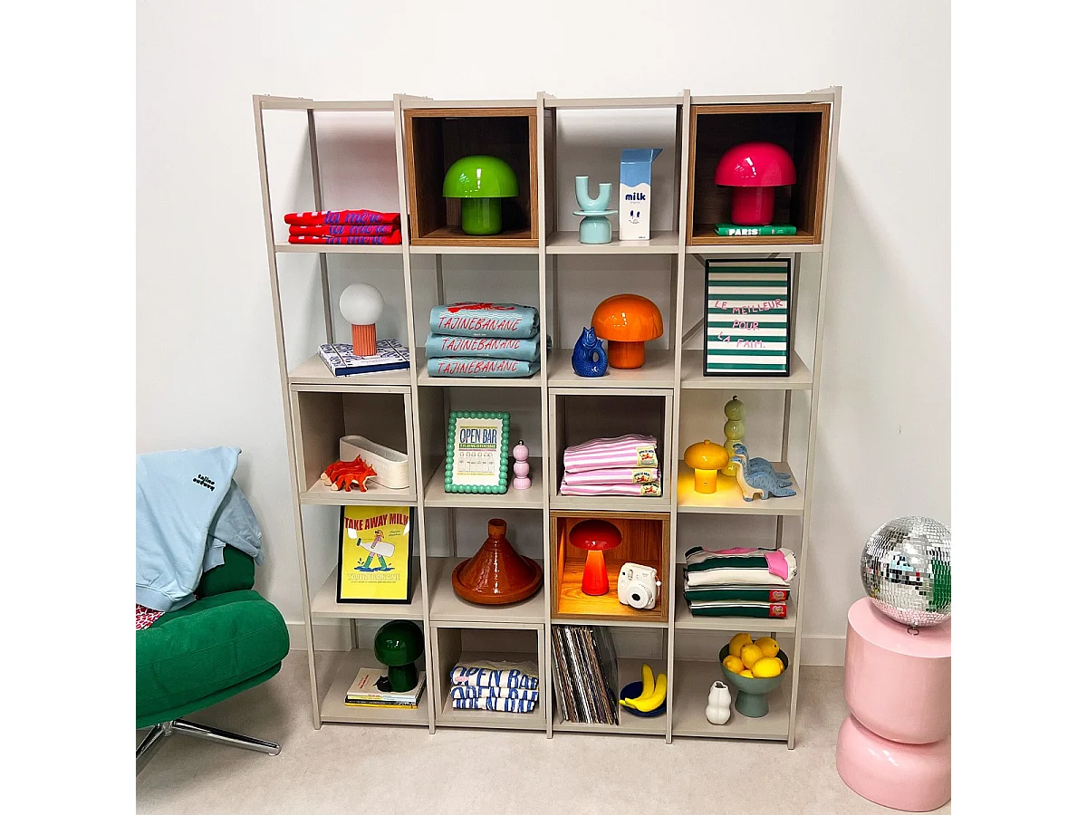 Bibliothèque 5 niveaux en métal beige et décor bois 140 cm - Elie