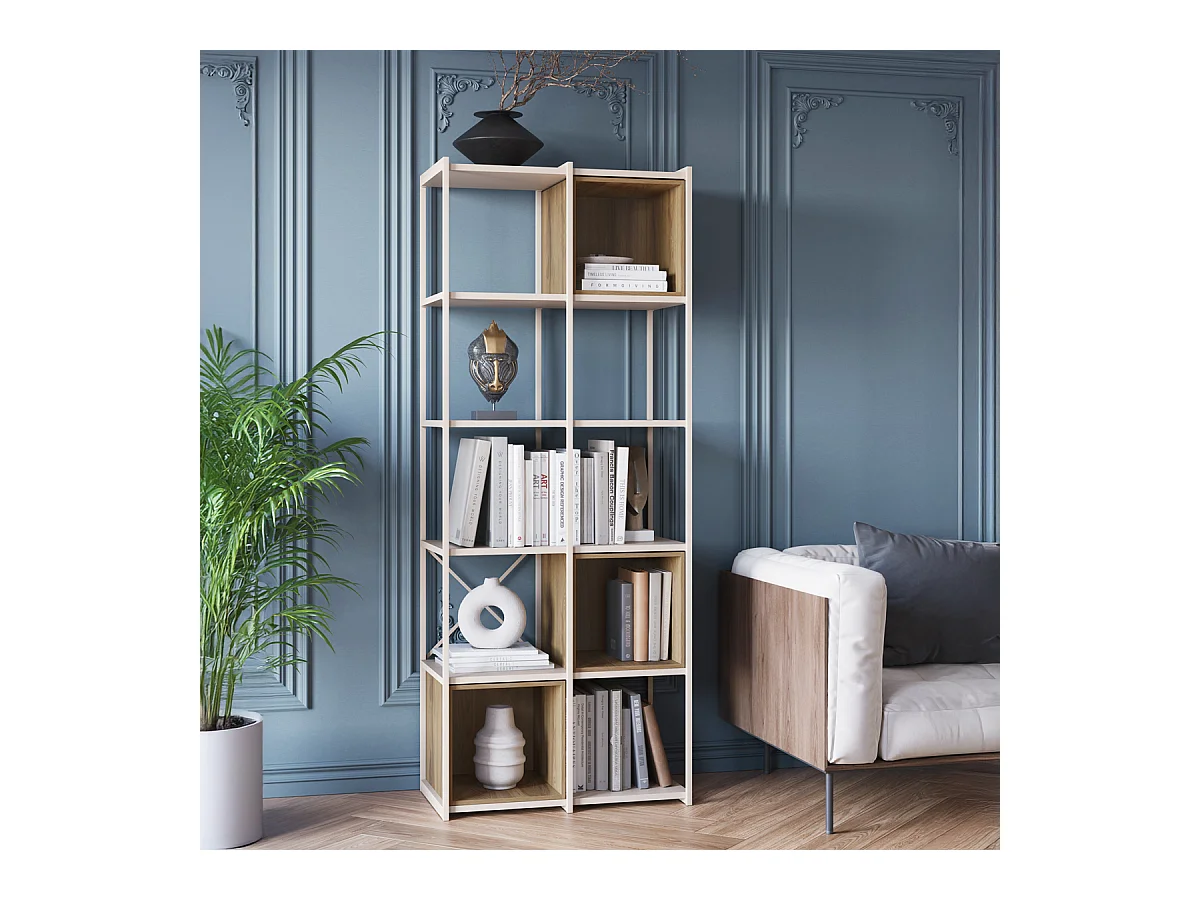 Bibliothèque 5 niveaux en métal beige et décor bois 70 cm - Elie