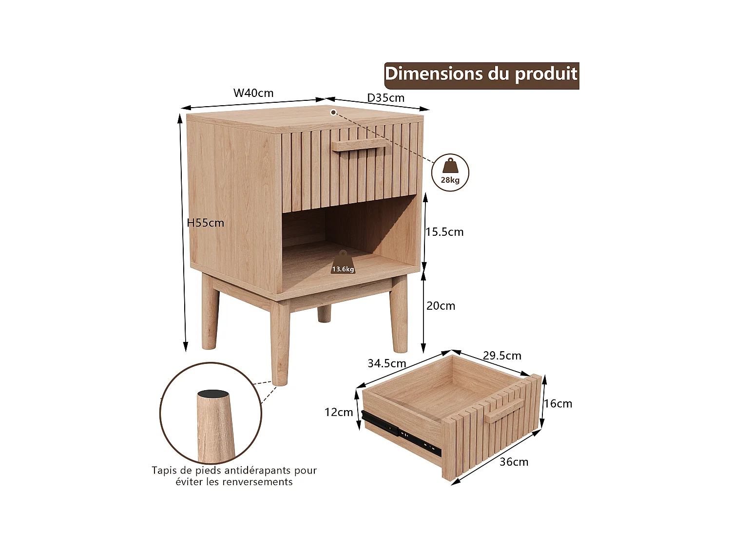 Lot De 2 Table de Chevet, Table de Nuit avec 1 tiroir Moderne bohème pour Chambre à Coucher, Salon