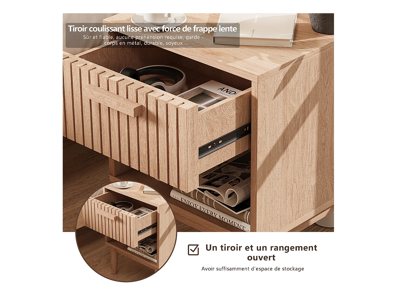 Lot De 2 Table de Chevet, Table de Nuit avec 1 tiroir Moderne bohème pour Chambre à Coucher, Salon