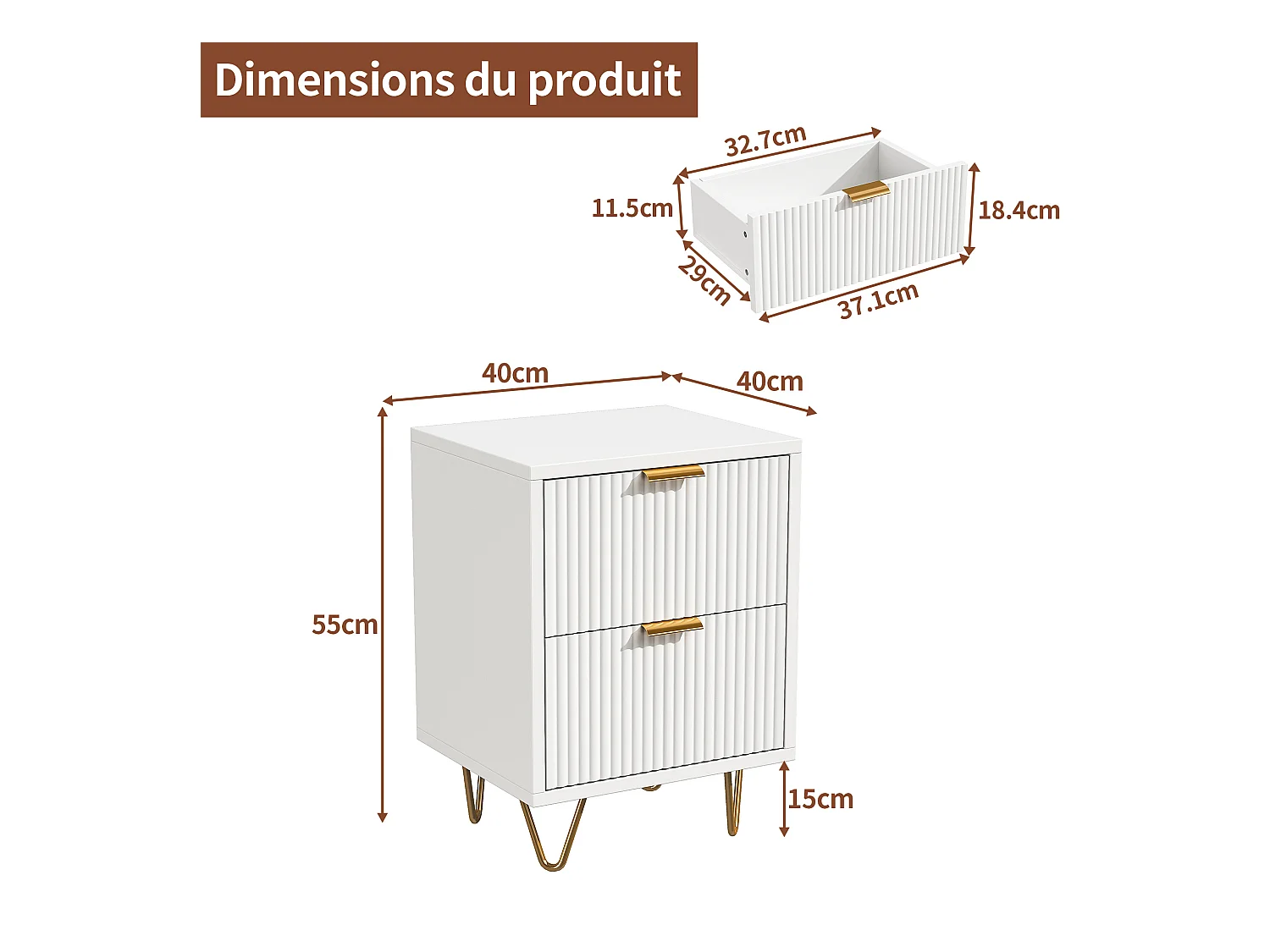 Lot De 2 Table de Chevet, Table de Nuit avec 2 tiroir en Bois Moderne pour Chambre à Coucher, Salon